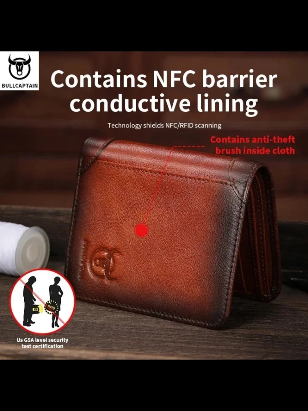 BULLCAPTAIN Genuine Leather Men Zipper Wallet RFID Blocking Bifold Wallet